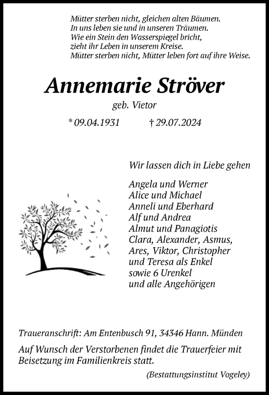 Traueranzeige von Annemarie Ströver von HNA