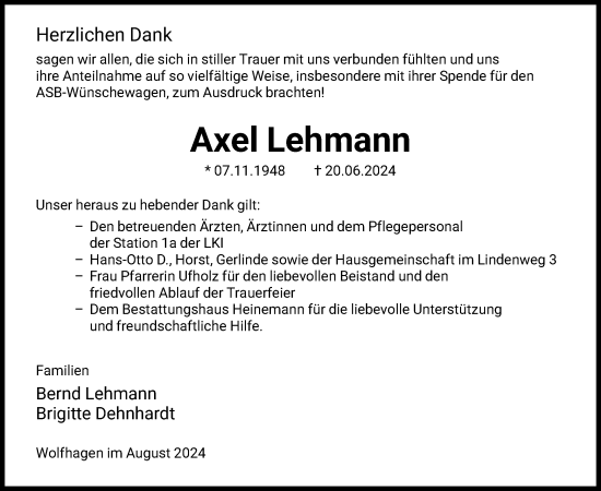 Traueranzeige von Axel Lehmann von HNA