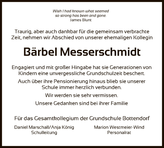 Traueranzeige von Bärbel Messerschmidt von HNA