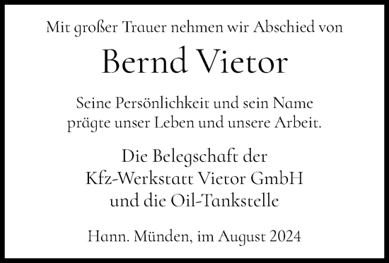 Traueranzeige von Bernd Vietor von HNA