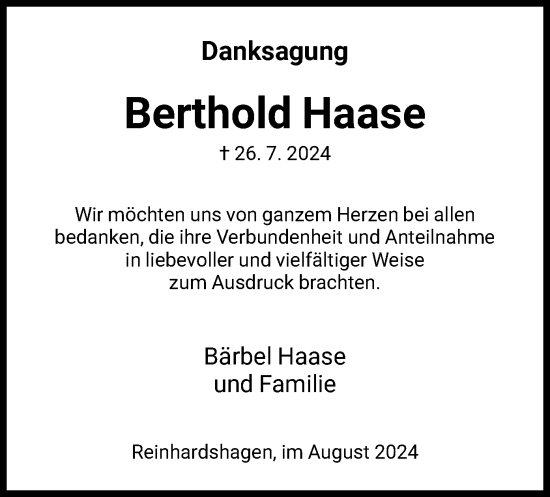 Traueranzeige von Berthold Haase von HNA