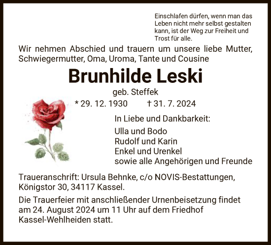 Traueranzeige von Brunhilde Leski von HNA