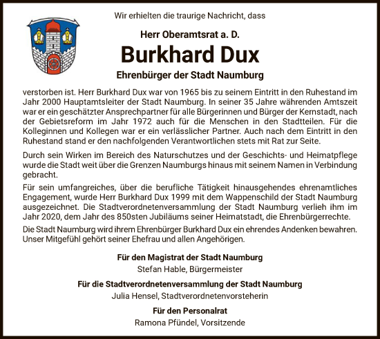 Traueranzeige von Burkhard Dux von HNA