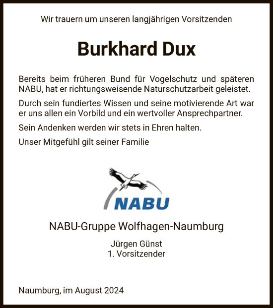 Traueranzeige von Burkhard Dux von HNA