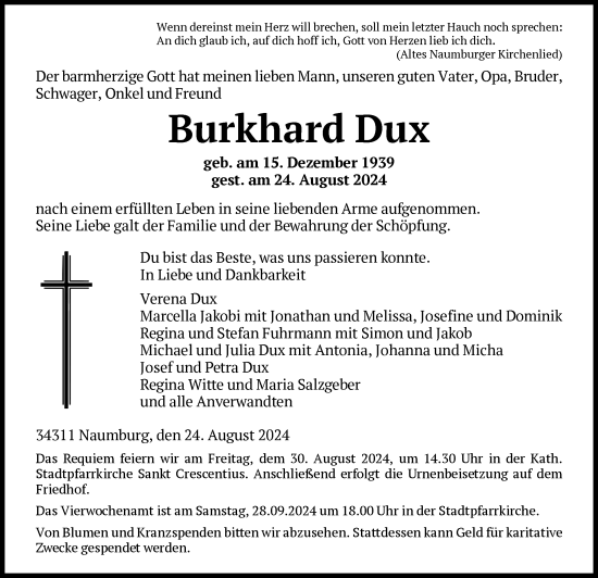 Traueranzeige von Burkhard Dux von HNA