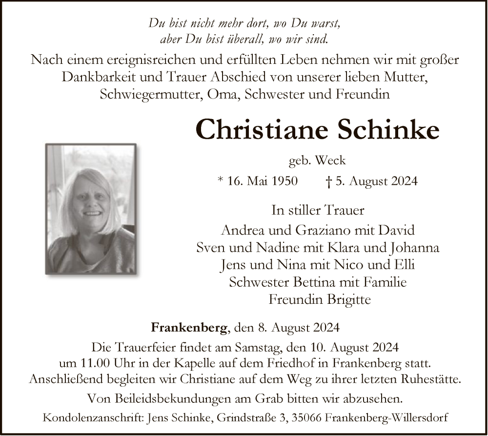  Traueranzeige für Christiane Schinke vom 08.08.2024 aus HNA