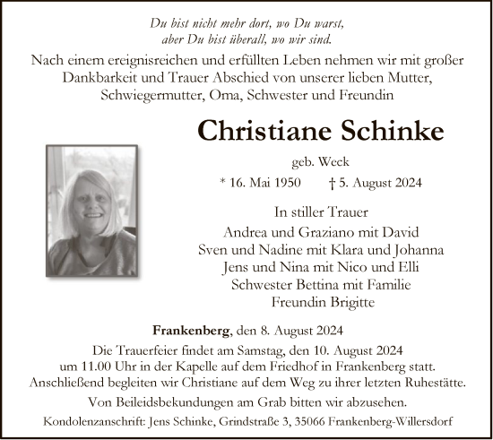 Traueranzeige von Christiane Schinke von HNA