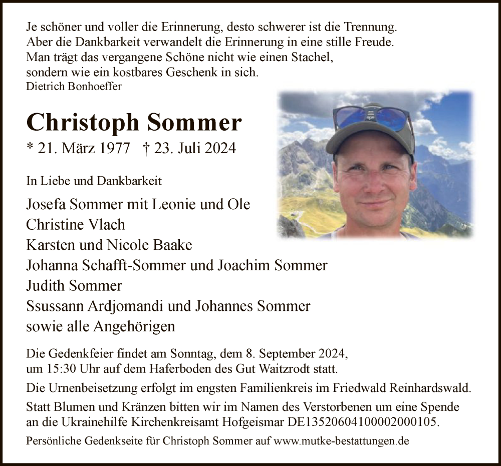  Traueranzeige für Christoph Sommer vom 03.08.2024 aus HNA