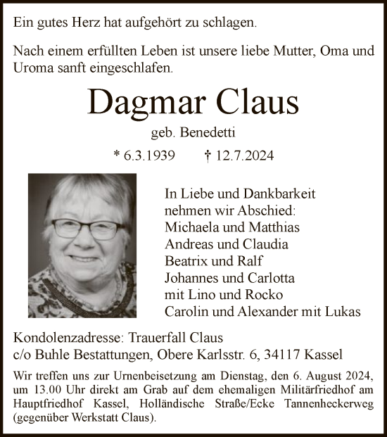 Traueranzeige von Dagmar Claus von HNA