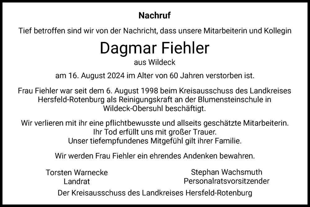  Traueranzeige für Dagmar Fiehler vom 24.08.2024 aus HZHNA