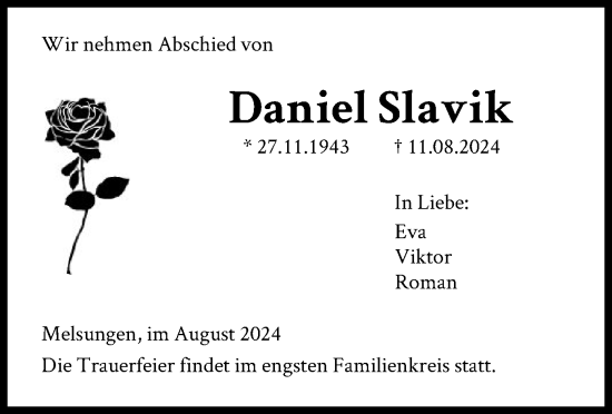 Traueranzeige von Daniel Slavik von HNA