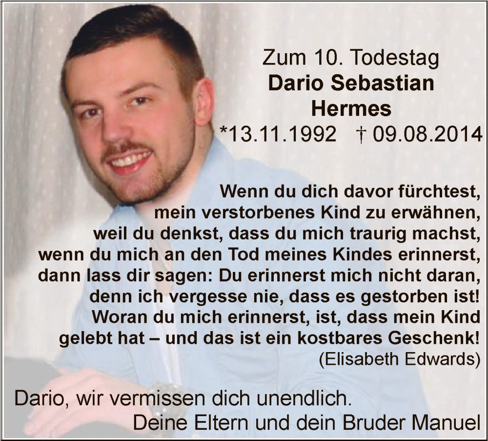  Traueranzeige für Dario Sebastian Hermes vom 10.08.2024 aus HNA