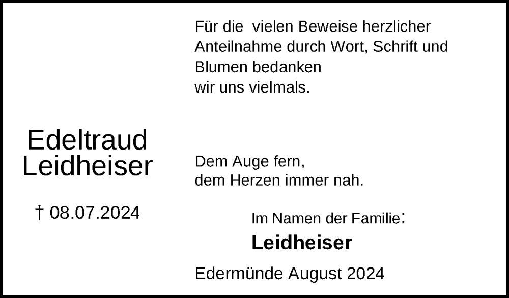  Traueranzeige für Edeltraud Leidheiser vom 10.08.2024 aus HNAHNA
