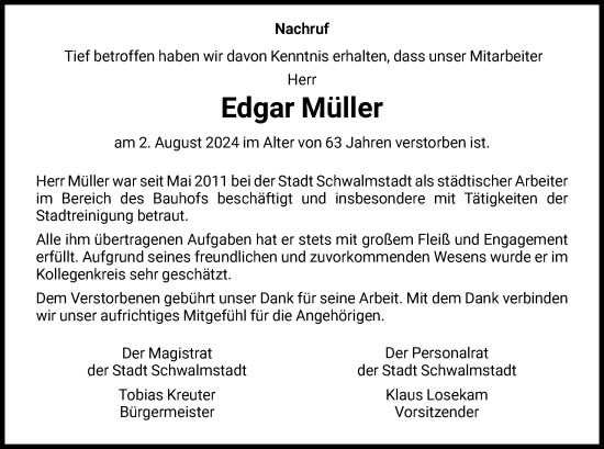 Traueranzeige von Edgar Müller von HNA