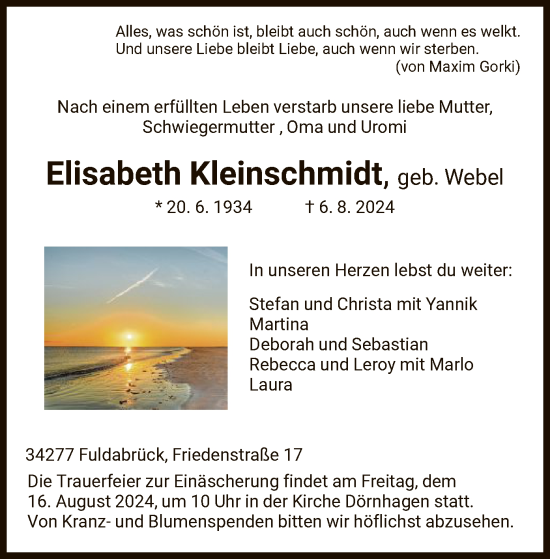 Traueranzeige von Elisabeth Kleinschmidt von HNA