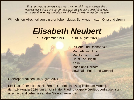 Traueranzeige von Elisabeth Neubert von HNA