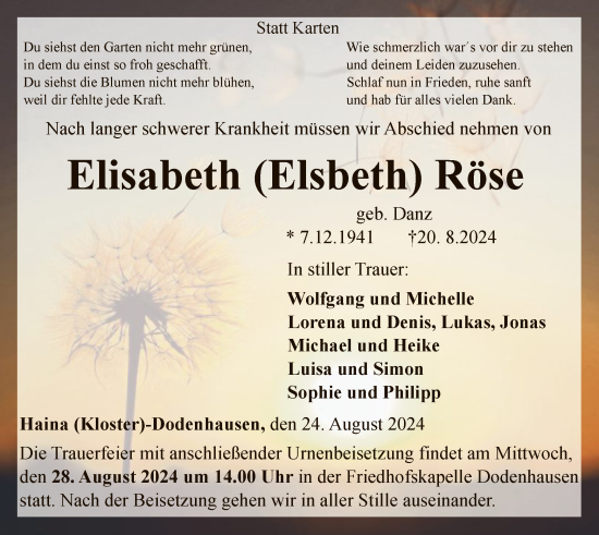 Traueranzeige von Elisabeth Röse von WLZHNA