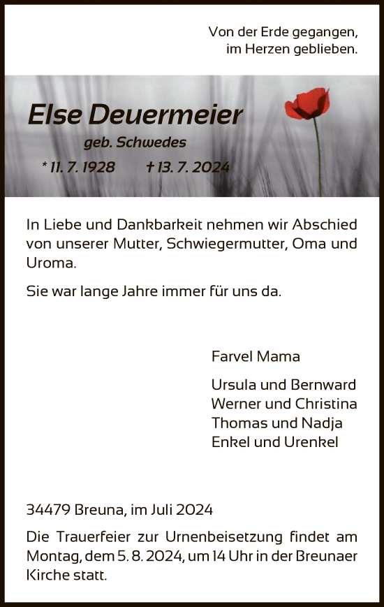 Traueranzeige von Else Deuermeier von HNA