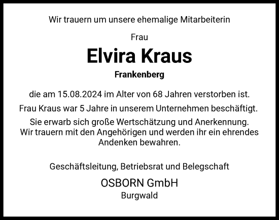 Traueranzeige von Elvira Kraus von HNA