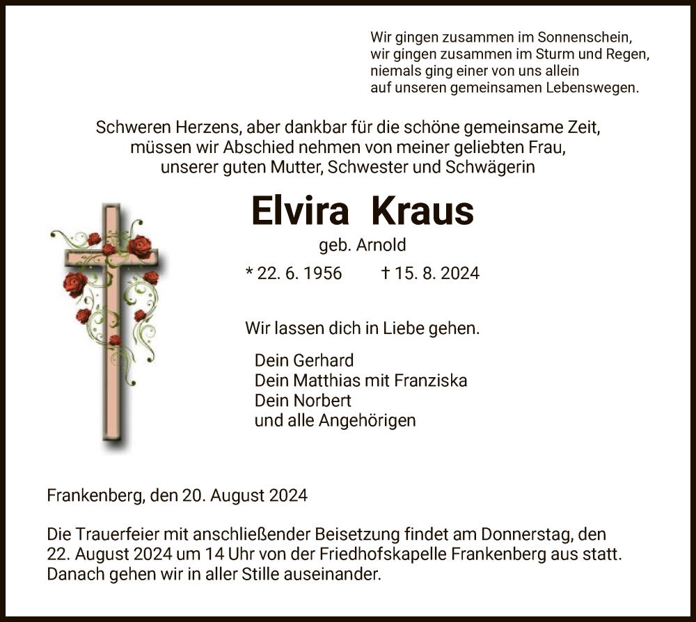  Traueranzeige für Elvira Kraus vom 20.08.2024 aus HNA