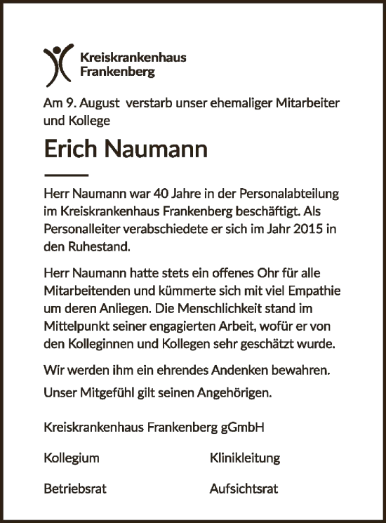 Traueranzeige von Erich Naumann von HNA