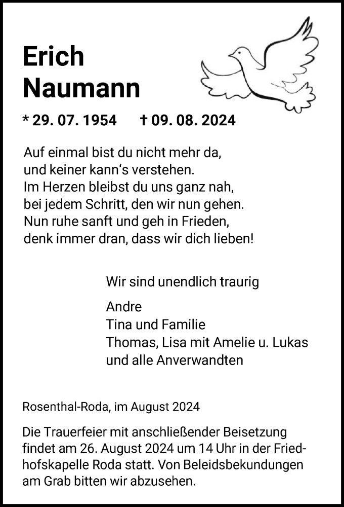  Traueranzeige für Erich Naumann vom 21.08.2024 aus HNA