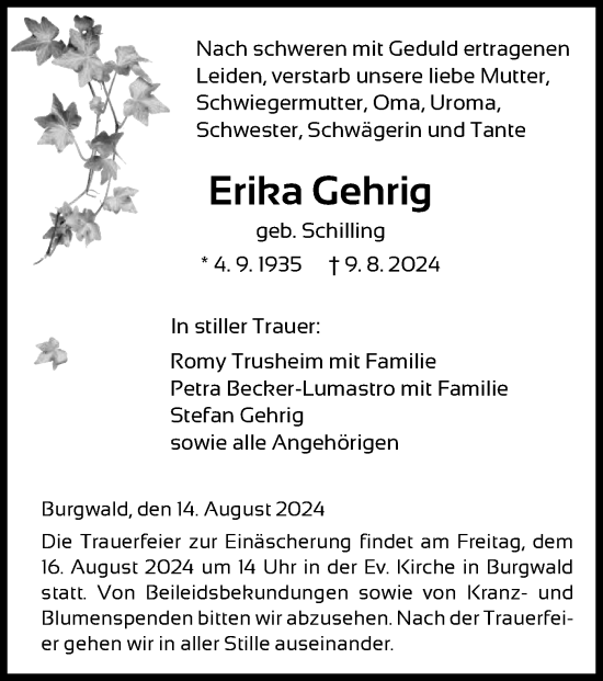 Traueranzeige von Erika Gehrig von HNA