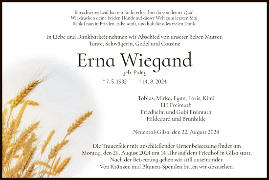 Traueranzeige von Erna Wiegand von HNA