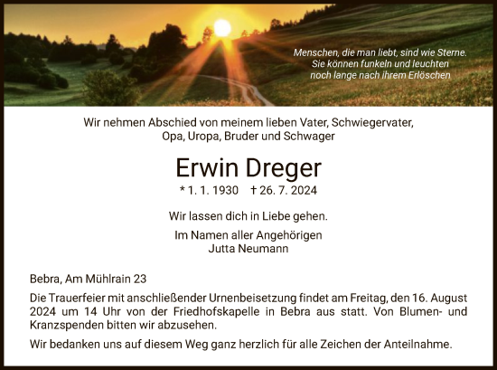 Traueranzeige von Erwin Dreger von HNA