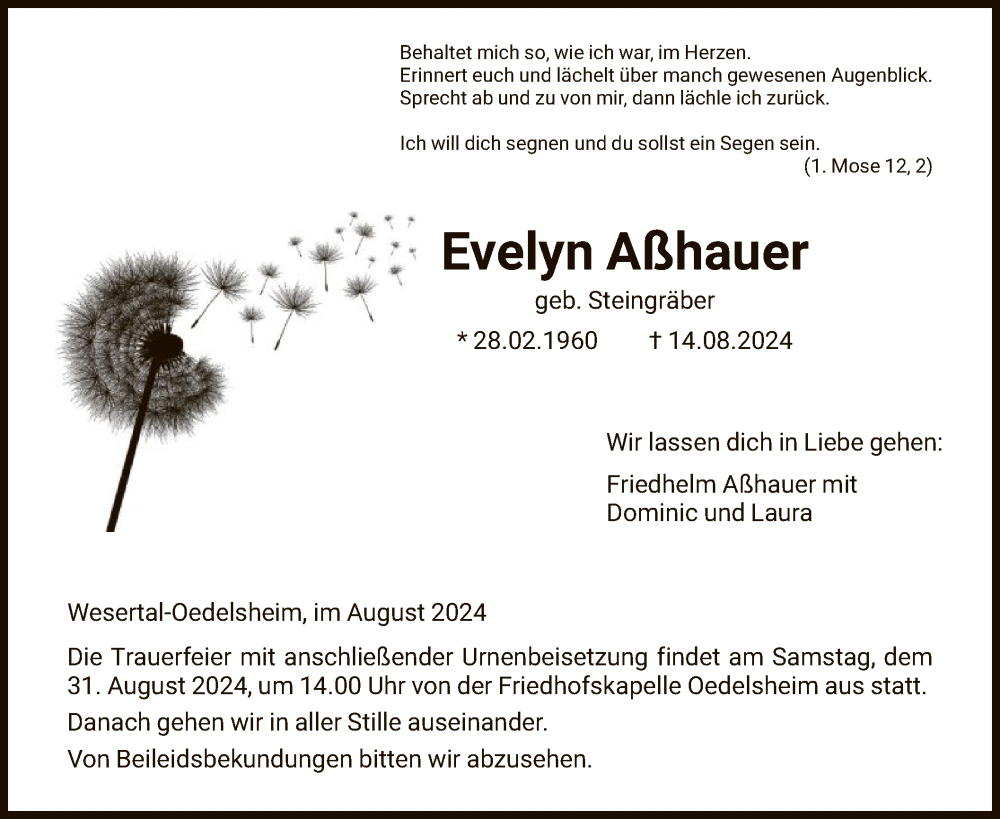  Traueranzeige für Evelyn Aßhauer vom 24.08.2024 aus HNA