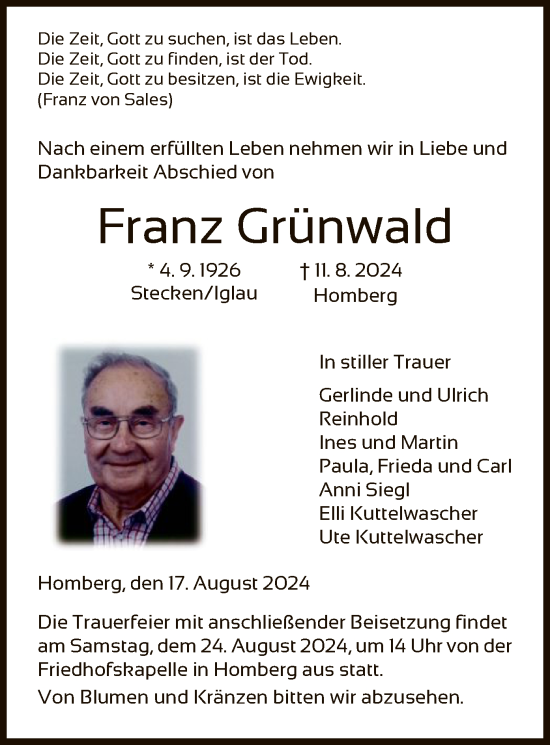 Traueranzeige von Franz Grünwald von HNA