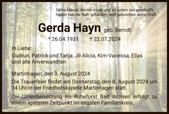 Traueranzeige von Gerda Hayn von HNA