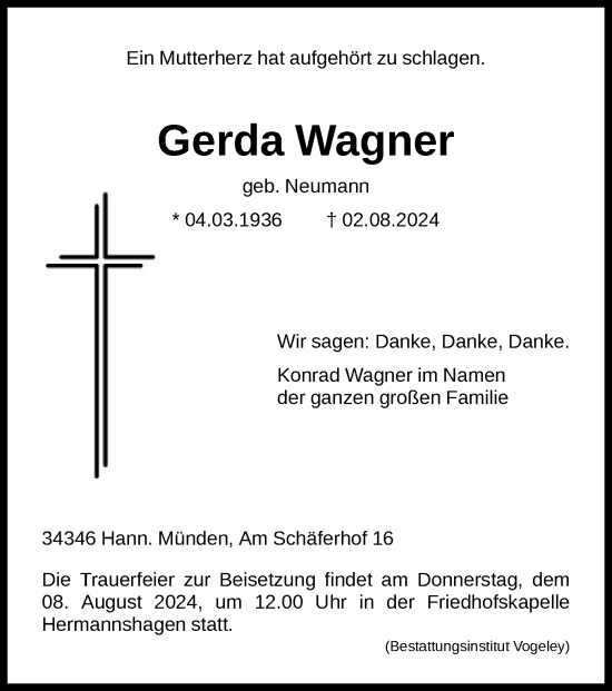 Traueranzeige von Gerda Wagner von HNAHNA