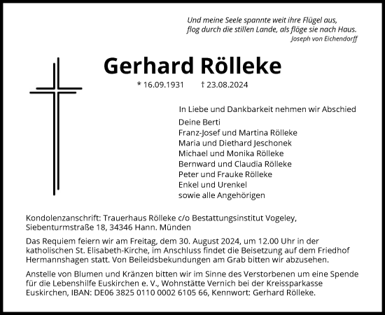 Traueranzeige von Gerhard Rölleke von HNA