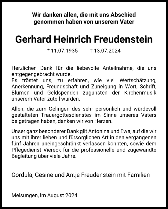 Traueranzeige von Gerhard Heinrich Freudenstein von HNAHNA