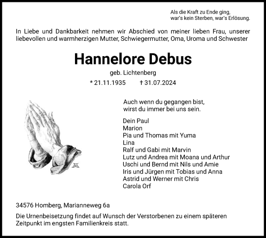 Traueranzeige von Hannelore Debus von HNA