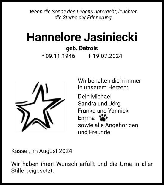 Traueranzeige von Hannelore Jasiniecki von HNA