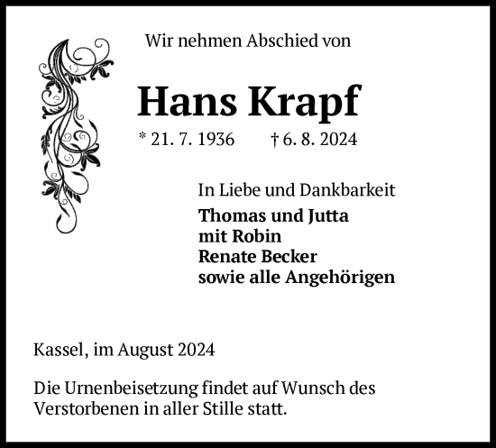 Traueranzeige von Hans Krapf von HNA