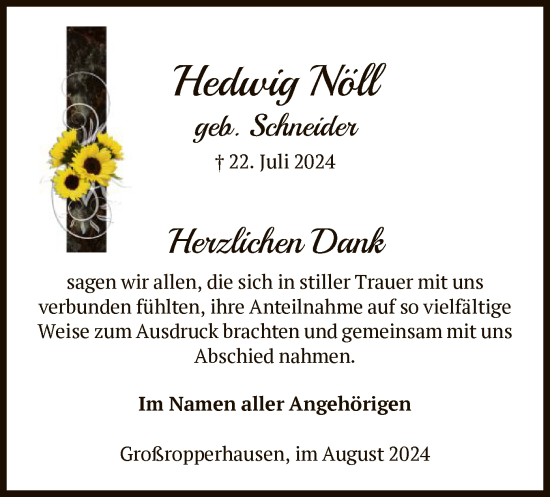 Traueranzeige von Hedwig Nöll von HNA