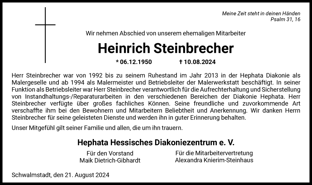  Traueranzeige für Heinrich Steinbrecher vom 21.08.2024 aus HNA