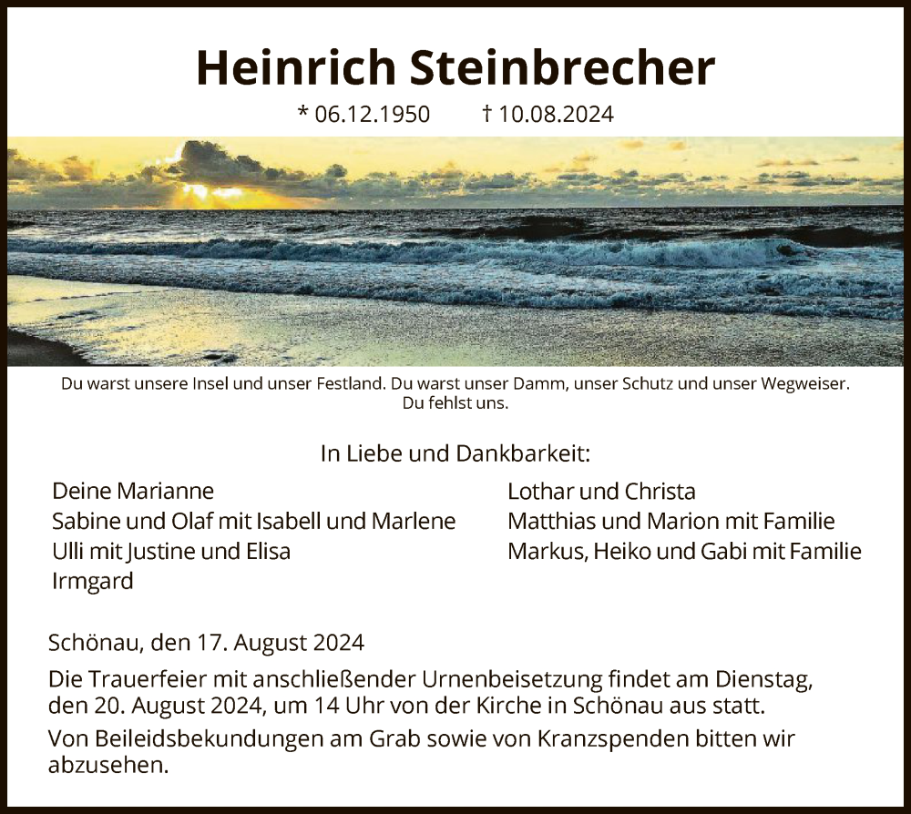  Traueranzeige für Heinrich Steinbrecher vom 17.08.2024 aus HNA