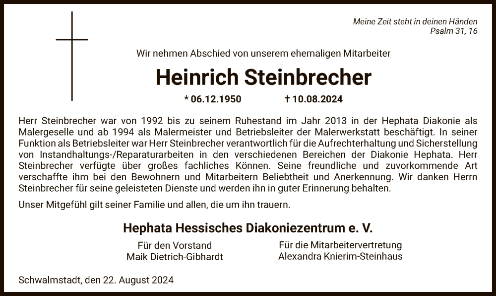  Traueranzeige für Heinrich Steinbrecher vom 22.08.2024 aus HNA