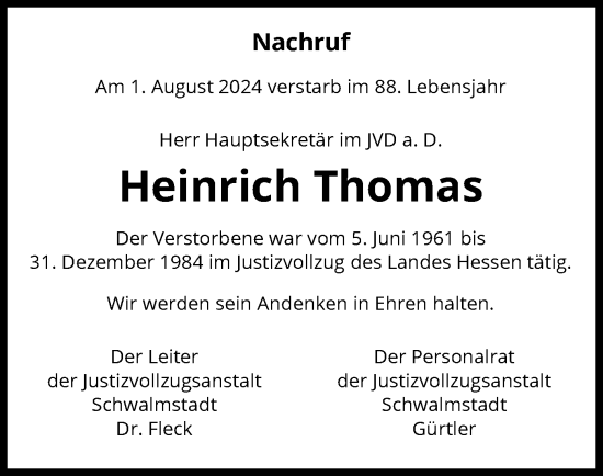 Traueranzeige von Heinrich Thomas von HNA