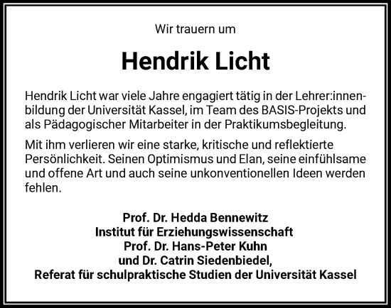 Traueranzeige von Hendrik Licht von HNA