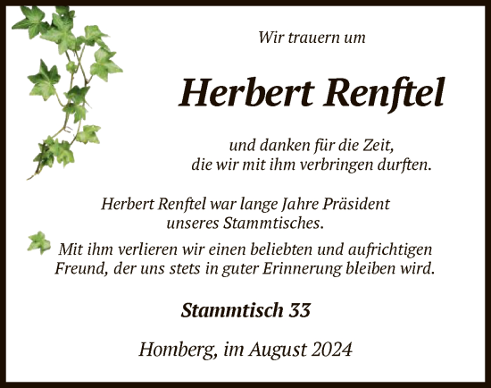 Traueranzeige von Herbert Renftel von HNA