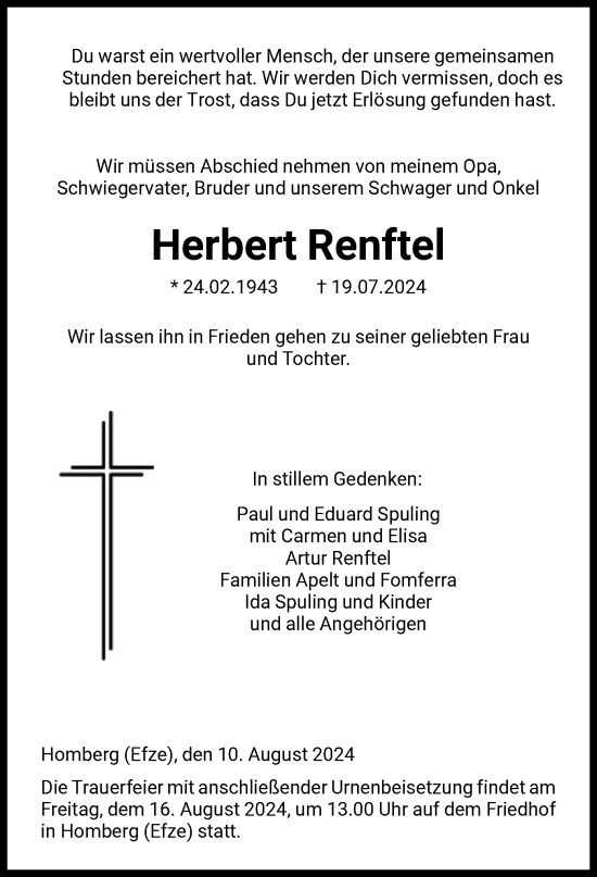 Traueranzeige von Herbert Renftel von HNAHNA