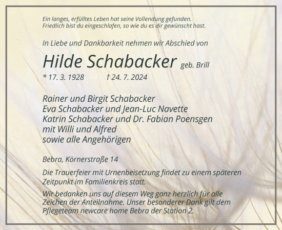 Traueranzeige von Hilde Schabacker von HNA