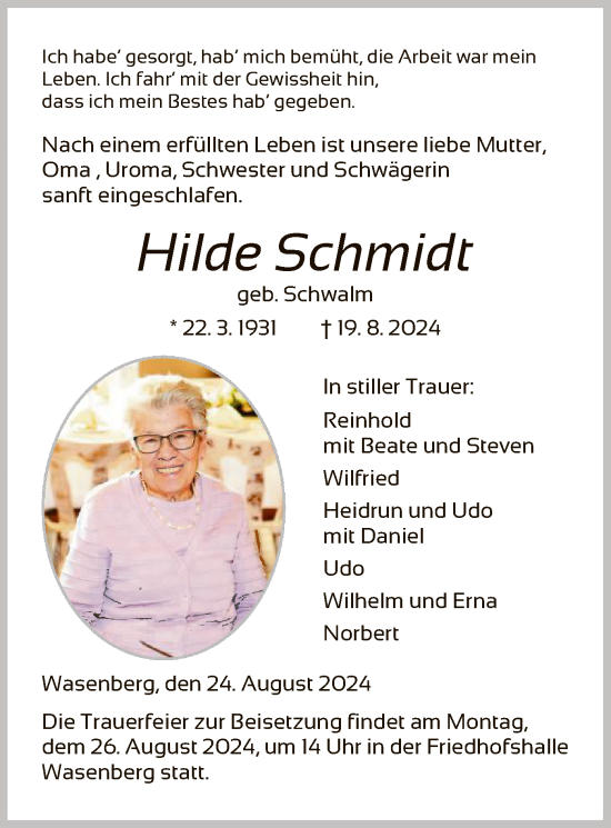 Traueranzeige von Hilde Schmidt von HNA