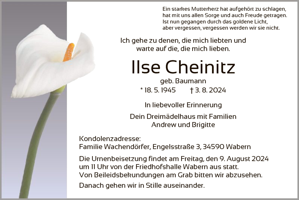  Traueranzeige für Ilse Cheinitz vom 07.08.2024 aus HNA