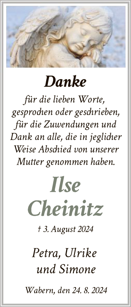 Traueranzeige von Ilse Cheinitz von HNA